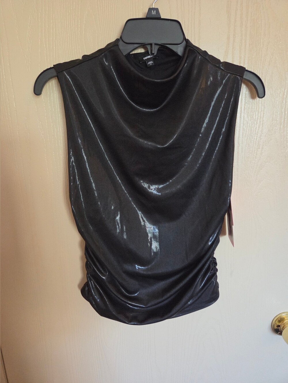Express Mock Neck Tank Top Shiny Oil Black Womens Size XS NWT